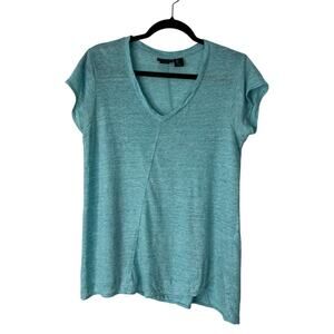Tahari Top Size L Teal Blue Linen V-neck Lagenlook Beachy Asymmetrical T-shirt